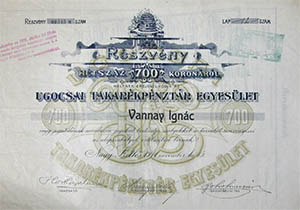 Ugocsai Takarékpénztár Egyesület Részvénytársaság részvény 700 korona 1911 Nagyszollos