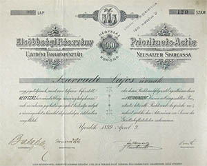 jvidki Takarkpnztr Rszvnytrsasg elsbbsgi rszvny 400 korona 1899 jvidk