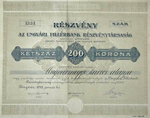 Ungvri Fillrbank Rszvnytrsasg rszvny 200 korona 1912 Ungvr