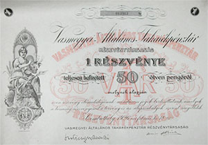 Vasmegyei ltalnos Takarkpnztr Rszvnytrsasg rszvny 50 peng 1926 Szombathely