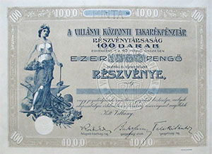 Villnyi Kzponti Takarkpnztr Rszvnytrsasg rszvny 100x10 1000 pengo MINTA
