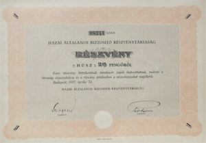 Hazai Általános Biztosító Rt. 20 pengő 1927