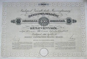 Budapest Viszontbiztosító Részvénytársaság részvény 400 korona 1911