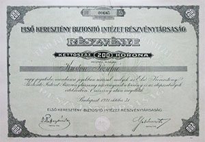 Els Keresztny Biztost Intzet Rszvnytrsasg rszvny 200 korona 1921