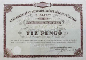 Első Keresztény Biztosító Intézet Részvénytársaság részvény 10 pengő 1926