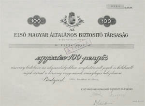 Els Magyar ltalnos Biztost Trsasg rszvny 100 peng 1929