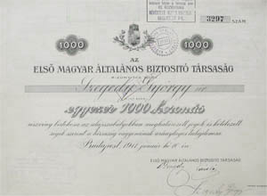 Els Magyar ltalnos Biztost Trsasg rszvny 1000 korona 1911