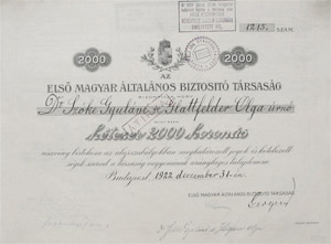 Első Magyar Általános Biztosító Társaság részvény 2000 korona 1922