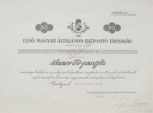 Első Magyar Általános Biztosító Társaság részvény 50 pengő 1929