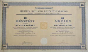 Hermes Biztosító Részvénytársaság részvény 10x20 200 pengő 1926
