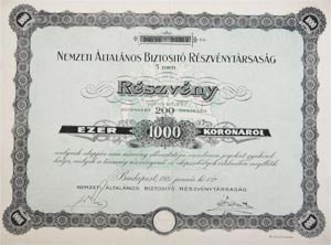 Nemzeti Általános Biztosító Részvénytársaság részvény 5x200 1000 korona 1921