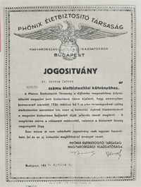 Phönix Életbiztosító Társaság jogositvany 1934