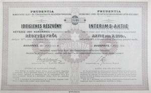 Prudentia Nemzetkzi let- s Tkebiztost Rszvnytrsasg ideiglenes rszvny 200 korona 1914