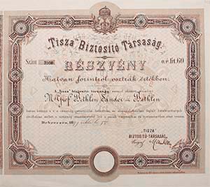 Tisza Biztosító Társaság részvény 60 forint 1877 Debreczen