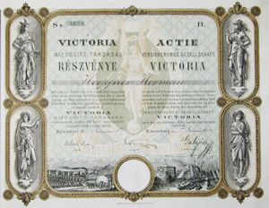 Victoria Biztosító Társaság részvény 200 forint 1871 Kolozsvár