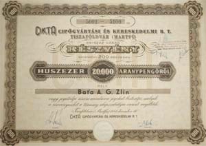 CIKTA Cipőgyártási és Kereskedelmi Részvénytársaság Tiszaföldvár 20000 pengő 1941
