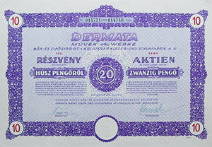 Dermata Művek Bőr- és Cipőgyár Részvénytársaság részvény 10x20 200 pengő 1941 Kolozsvár