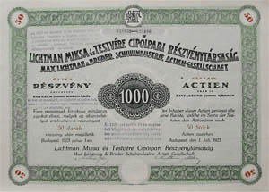 Lichtmann Miksa és Testvére Cipőipari Részvénytársaság részvény 50000 korona 1923
