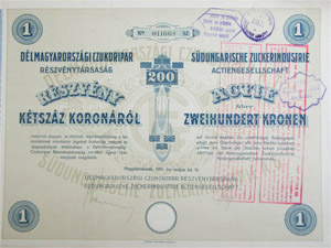 Délmagyarországi Czukoripar Részvénytársaság részvény 200 korona 1911 Nagybecskerek