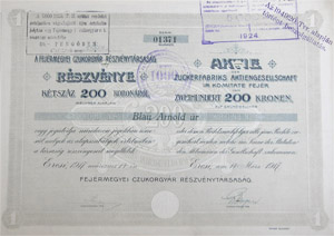 Fejérmegyei Czukorgyár Részvénytársaság részvény 200 korona 1917 Ercsi