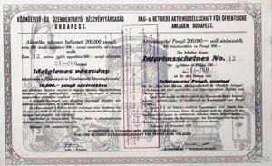 Közműépítő és Üzembentartó Részvénytársaság idiglenes részvény 10000 pengő 1930