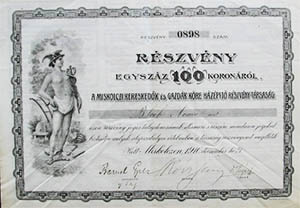 Miskolci Kereskedők és Gazdák Köre Házépítő Részvénytársaság részvény 100 korona 1910