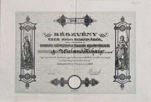 Soroksri Els Mszhomok-Tglagyr Rszvnytrsasg rszvny 1000 korona 1910