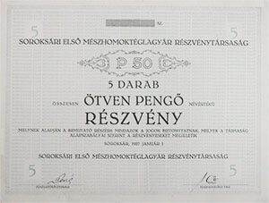 Soroksri Els Mszhomok-Tglagyr Rszvnytrsasg rszvny 5x10  50 peng 1927 Soroksr