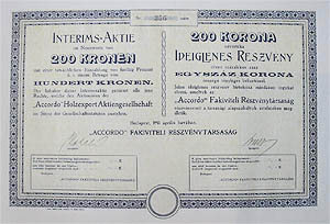 "Accordo" Fakiviteli Részvénytársaság részvény 200 korona 1911