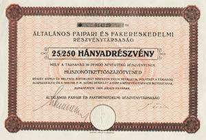ltalnos Faipari s Fakereskedelmi Rszvnytrsasg 25/250 hnyadrszvny 1926