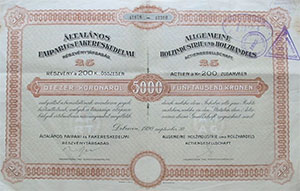Általános Faipari és Fakereskedelmi Részvénytársaság Debrecen részvény 5000 korona 1920
