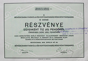 Bkscsabai Faiskola s Kertgazdasg Rszvnytrsasg rszvny 10x10 100 peng 1926