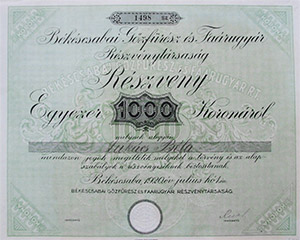 Békéscsabai Gőzfűrész és Faárugyár Részvénytársaság részvény 1000 korona 1920