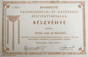 Biharmegyei Fakereskedelmi és Gazdasági Részvénytársaság részvény 50 pengő 1926 Berettyóújfalu