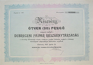 Debreceni Faipar Rszvnytrsasg 50 peng 1926