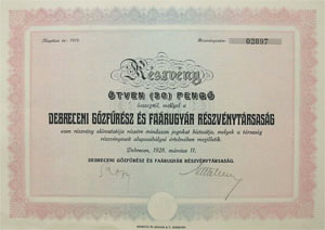 Debreceni Gőzfűrész és Faárugyár Részvénytársaság részvény 50 pengő 1928