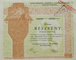 Dunaharaszti Faipari és Fakereskedelmi Részvénytársaság részvény 5000 korona 1923