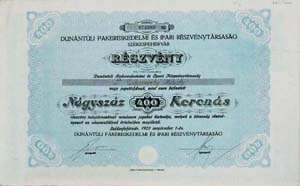 Dunántúli Fakereskedelmi és Ipari Részvénytársaság részvény Székesfehérvár 400 korona 1923