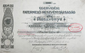 Egervidéki Fatermeló Részvénytársaság részvény 1000 korona 1920
