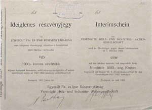 Egyeslt Fa s Ipar Rszvnytrsasg ideiglenes rszvnyjegy 1000 korona 1923