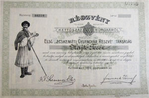 Első Kecskeméti Gyufagyár Részvénytársaság részvény 200 korona 1909 Kecskemét