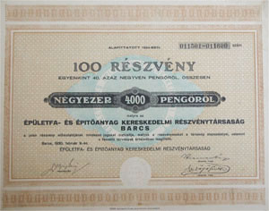 Épületfa- és Építőanyag Kereskedelmi Részvénytársaság részvény 100x40 4000 pengő 1930 Barcs