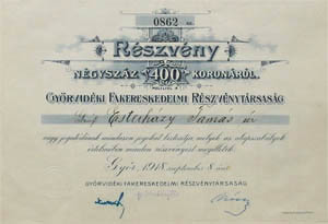 Győrvidéki Fakereskedelmi Részvénytársaság részvény 400 korona 1918