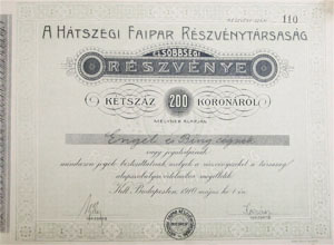 Hátszegi Faipar Részvénytársaság részvény 200 korona 1910
