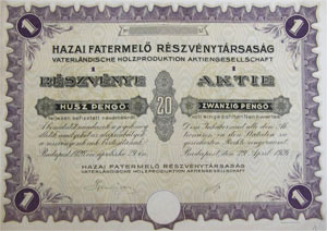Hazai Fatermelő Részvénytársaság részvény 20 pengő 1926