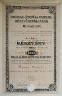 Ingatlan-, Építő- és Faipari Részvénytársaság részvény 5x1000 5000 korona 1924