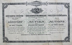 Kõrösbányai Erdõipar Részvénytársaság részvény 4x8 32 frank 1924