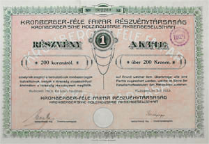 Kronberger-féle Faipar Részvénytársaság részvény 200 korona 1923