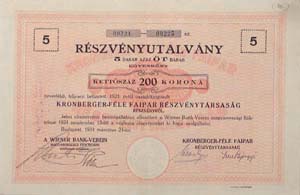 Kronberger-féle Faipar Részvénytársaság részvényutalvány 5x200 1000 korona 1924