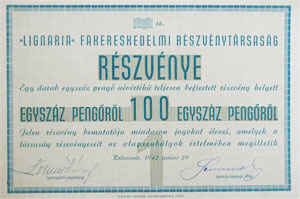 Lignaria Fakereskedelmi Részvénytársaság részvény 100 pengő 1942 Kolozsvár